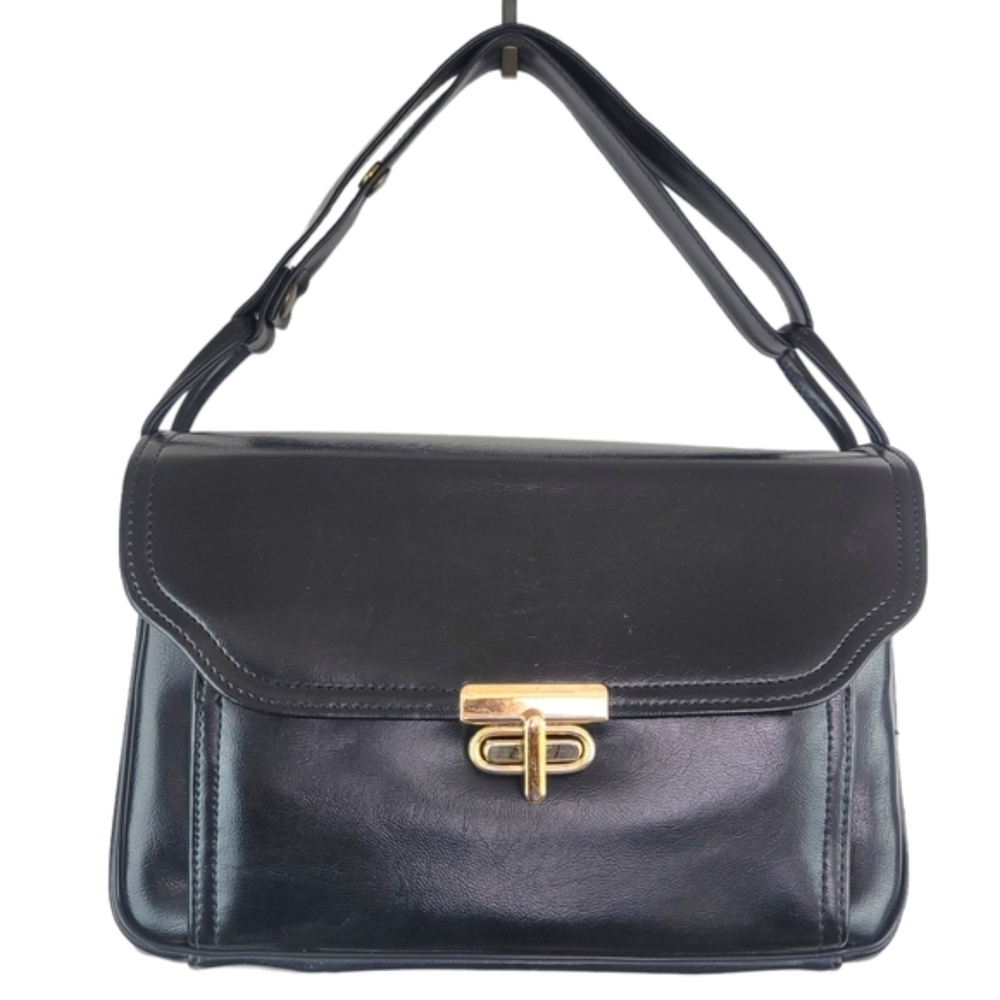Vintage Black Satchel Handbag Purse Bag Shoulder Womem Faux Leather Brass Chic